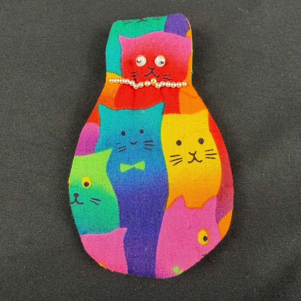 Multicolor Cat Fabric Brooch Handmade Textile Pin Googly Eyes Faux Pearls